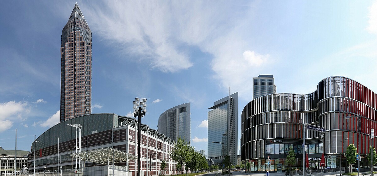 skyscraper and exhibition buildings at Messe Frankfurt